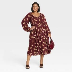 Ava & Viv | Women Maroon Boho Balloon Long Sleeve Smocked Midi Bodice Dress XXL